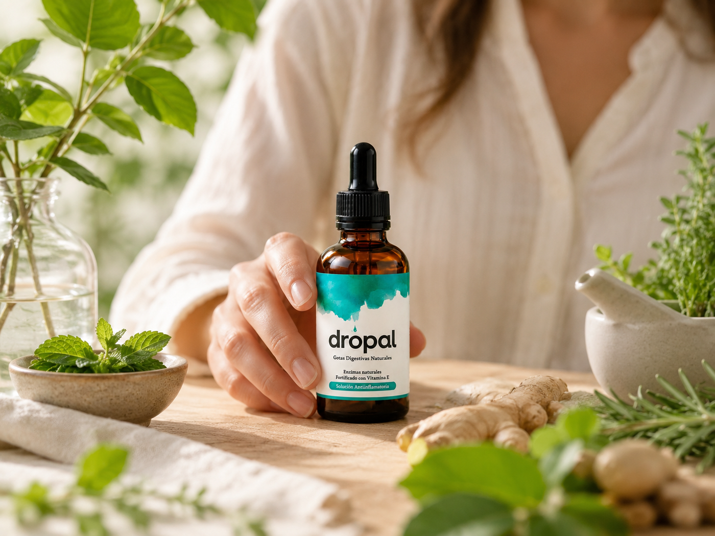 Ingredientes digestivos naturales y botella Dropal
